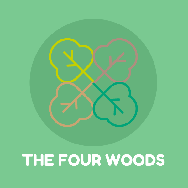 The logo for the Four Woods Podcast. In the top portion of the logo, there is a dark green circle against the lighter green background. The circle contains four differently colored trees (forest green, pink, light orange, and yellow-green). Underneath the circle are the words 'The Four Woods' in all caps.